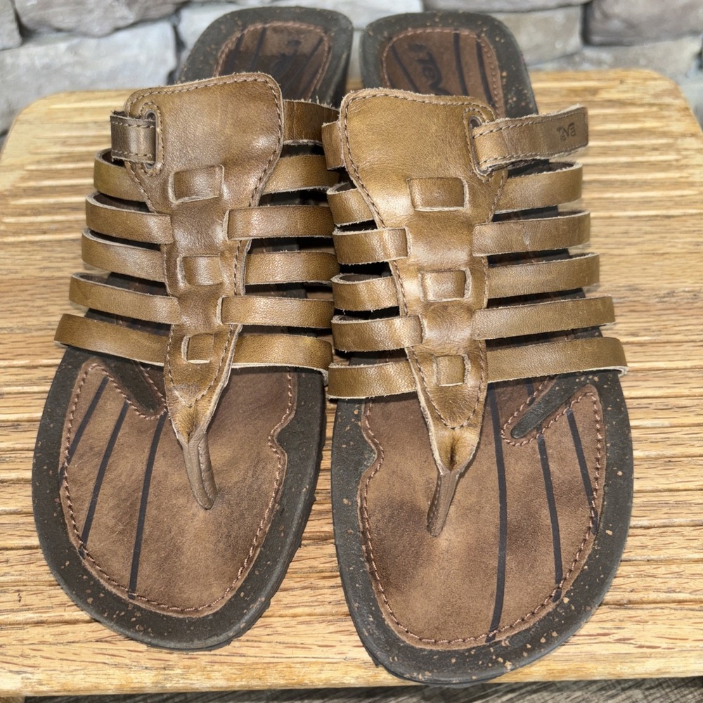 Teva Original Leather Strappy Sandals Toe Strap  Hook & Loop Women's US Size 8